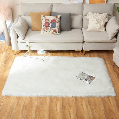EasyJoy Ultra Soft Fluffy Shaggy Area Rug Faux Fur Rug Chair Cover Seat Pad Fuzzy Area Rug for Bedroom Floor Sofa Living Room (4 x 6 ft Rectangle, White)
