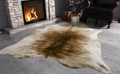 AROGAN Western Decor Faux Fur Cowhide Rug, 6.2 x 5.2 Feet Premium Animal Skin Cow Hide Rug, Durable Cow Print Rugs for Wall Decor, Western Floor Carpet for Bedroom Living Room, Brownish