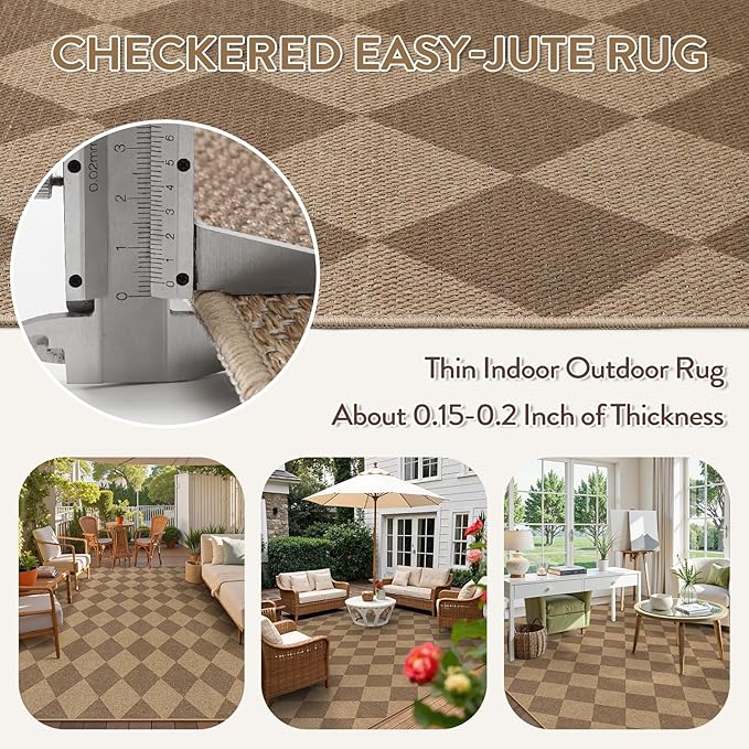 Lahome Colette Checkered Easy Jute Rug 8x10, Washable Rugs for Living Room Dining Room Farmhouse Indoor Outdoor Mat, Neutral Checkerboard Non Slip Black Carpet for Office Backyard Patio