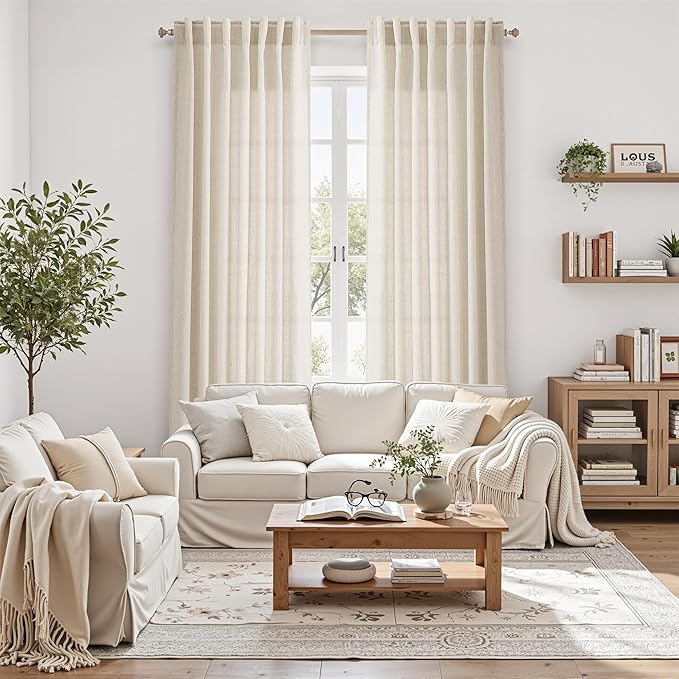 Birch Beige Linen Curtains for Living Room 100 Inches Long Light Filtering Semi Sheer Curtain Back Tab Modern Farmhouse Decor Elegant Luxury Coastal Drapes for Bedroom Dinner Room 52x100, 2 Panels