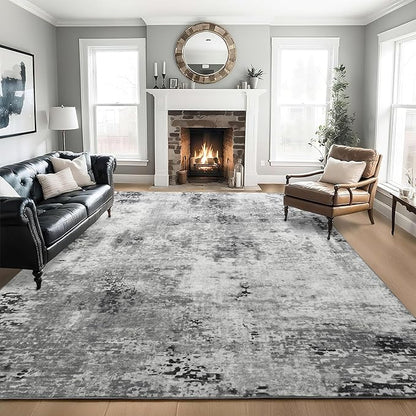 Living Room Rug 7x10 Gray Area Rugs Machine Washable Abstract Boho Large Rug Non-Slip Non-Shedding Faux Wool Indoor Vintage Carpet for Bedroom, Classroom, Dining Room, Kids Playroom