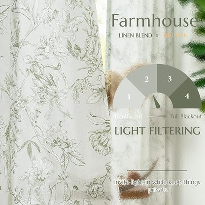 jinchan Floral Curtains 90 Inch Length Sage Green Flower Linen Farmhouse Curtain for Living Room French Country Vintage Curtain Rod Pocket Curtains Set 2 Panels Floral Printed