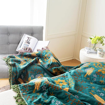 MSGKV Boho Throw Blanket 50"x60" Cotton Blanket for Couch and Sofa Cover for Living Room Spring Throw Decorative Woven Bird Blankets