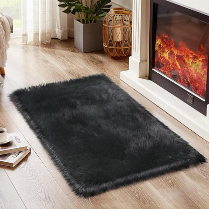 Ciicool Black Fur Fluffy Rug, 2x4 ft Small Faux Fur Rug for Bedroom, Washable Faux Sheepskin Rugs for Sofa Couch Seat Cushion, Thick Shaggy Furry Floor Carpets for Bedside Living Room