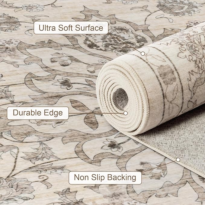 Area Rugs 10x12 Living Room Rug: Washable Rug Soft Vintage Distressed Floral Carpet Indoor Non-Slip Stain Resistant Large Carpets for Bedroom Dining Room Farmhouse Nursery Home Office Brown Beige
