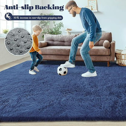 8x10 Area Rugs for Living Room: Fluffy Shag Soft Washable Rug Large Fuzzy Plush Indoor Carpet for Bedroom Nursery Playroom Kids Girls Boys Room (Navy Blue, 8'x10')