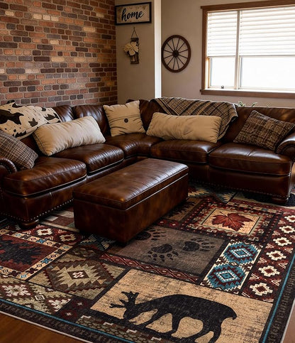 YIHOUSE Rustic Cabin Area Rug 8x10,Machine Washable Lodge Bear Rug,Non-Slip Low Pile Print Pattern Southwestern Rug for Living Room Bedroom