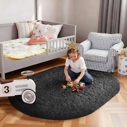 Ophanie 3x5 Oval Black Rugs for College Dorm, Bedroom Small Area Rug, Non-Slip Fluffy Shaggy Bedside Soft Shag Fuzzy Plush Carpet for Kids Boys Teen Home Decor Aesthetic, Nursery