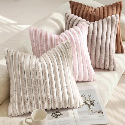 decorUhome Cozy Faux Fur Throw Pillow Covers 16x16 Set of 2 Decorative Soft Plush Striped Modern Farmhouse Boho Couch Pillow Cases with Velvet Back for Sofa Bed Living Room, Brown