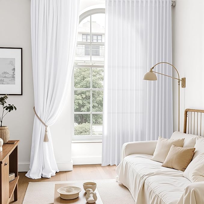 Snow White Linen Curtains 102 Inches Long for Living Room Light Filtering Semi Sheer Curtain Back Tab Luxury Neutral Modern Farmhouse Decor Floor to Ceiling Neutral Drapes for Bedroom 52x102,2 Panels