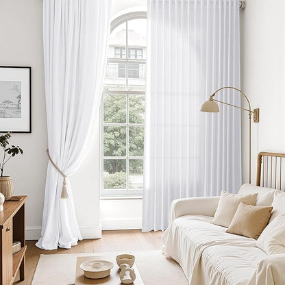 Snow White Linen Curtains 102 Inches Long for Living Room Light Filtering Semi Sheer Curtain Back Tab Luxury Neutral Modern Farmhouse Decor Floor to Ceiling Neutral Drapes for Bedroom 52x102,2 Panels