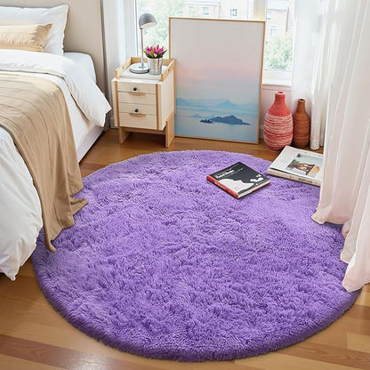 OLANLY Purple Round Rugs for Bedroom - Machine Washable, 4 ft Circle Area Rugs for Living Room, Soft and Fluffy Shaggy Carpet for Teen Girls and Boys, Nursery Rooms, Dorms, Home Decor Aesthetic