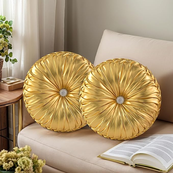 HIG Set of 2 Handcrafted Gold Ruched Round Throw Pillows – 14.5’’ Metallic Leather Decorative Pillows with Soft Polyester Filling for Couch, Bed, Living Room, Bedroom, or Dorm