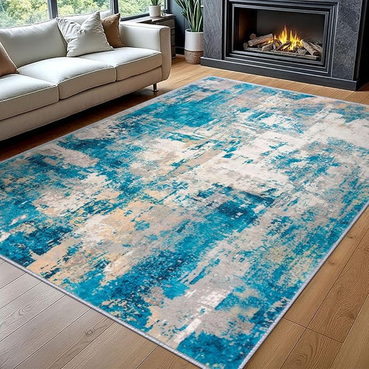 KOZYFLY Modern Abstract Area Rugs 8x10 Turquoise/Beige/Grey/Yellow Machine Washable Thin Rug for Bedroom Non-Slip Living Room Rug, Faux Wool Soft Low Pile Carpet for Dining Room, Bedroom, Bathroom