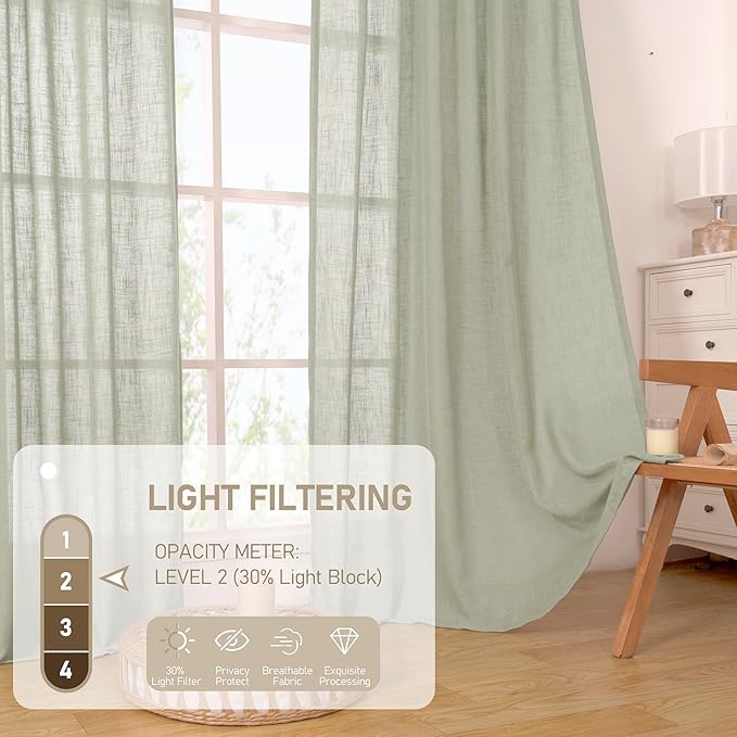LAMIT Linen Semi Sheer Curtains 96 inches Long 2 Panels Set, Light Filtering Panels Back Tab and Rod Pocket Floor to Ceiling Curtains for Bedroom/Living Room, Sage Grey, 52 x 96 Inch