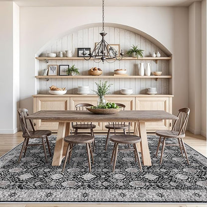 Washable Large 9x12 Area Rug: Indoor Oriental Living Room Carpet with Non Slip Backing Ultra Soft Low Pile Rugs for Bedroom Dining Room Distressed Stain Resistant Thin Floor Mat (9x12 Black)