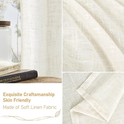 LAMIT Light Filtering Linen Curtains 63 inches Long for Bedroom, Linen Textured Semi Sheer Back Tab and Rod Pocket Boho Drapes for Living Room, Cream, 2 Panels, 60 x 63 Inch