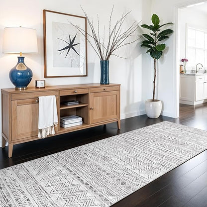 3x6 Washable Hallway Runner Rug - Moroccan Non-Slip Long Runners for Entryway Soft Modern Geometric Low-Pile Rugs for Kitchen Waterproof Neutral Carpet for Bedroom Bathroom Laundry 3x6 Grey