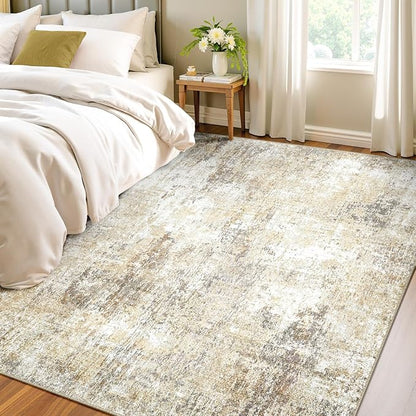Washable Area Rugs 4'x6' Non-Slip Modern Abstract Soft for Living Room Entryway Bedroom Nursery, Print Pattern, Neutral Brown Gray
