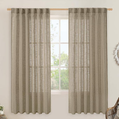 LAMIT Taupe 72 inch Linen Curtains for Living Room 2 Panels, Linen Textured Light Filtering Semi Sheer Back Tab and Rod Pocket Curtain Panels for Bedroom/Farmhouse, 52 x 72 Inch