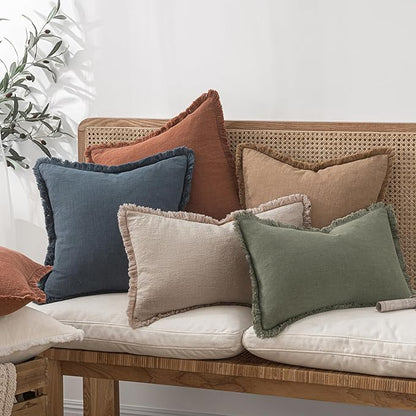 MIULEE Decorative Throw Pillow Covers Neutral Linen Fringe Throw Pillows Set of 2 Natural Linen Boho Farmhouse Cushion Covers with Tassels for Couch Sofa Bed Spring Home Decor 20x20 Inch