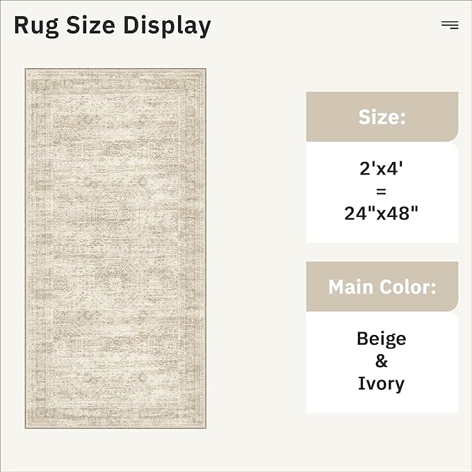 2x4 Washable Rugs for Kitchen, Floor, Entryway, Powder Room Small Area Rug Non-Slip Vintage Low Pile Throw Door Mat Beige