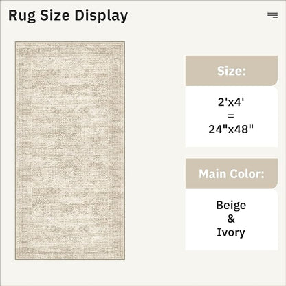 2x4 Washable Rugs for Kitchen, Floor, Entryway, Powder Room Small Area Rug Non-Slip Vintage Low Pile Throw Door Mat Beige