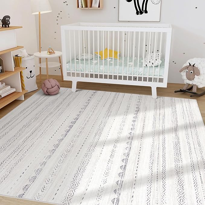 Nakagishi 8x12 Area Rugs Living Room: Washable Boho Large Neutral Soft Farmhouse Rug Stain Resistant Modern Moroccan Non-Slip Indoor Floor Carpet for Bedroom Nursery Kids Playroom Office- Gray