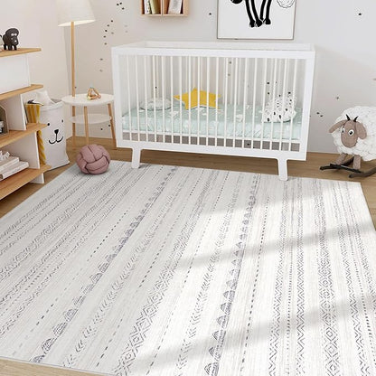 Nakagishi 8x12 Area Rugs Living Room: Washable Boho Large Neutral Soft Farmhouse Rug Stain Resistant Modern Moroccan Non-Slip Indoor Floor Carpet for Bedroom Nursery Kids Playroom Office- Gray