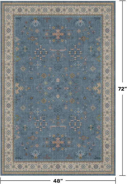 Washable 4x6 Small Rug for Living Room, Area Rug for Kitchen, Bedside, Large Entryway Indoor - Stain Resistant Non Slip with Rubber Backing, Unique Floral Aethestic Décor, Light Blue & Aqua