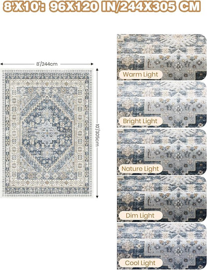 Washable Rugs 8x10 Area Rugs for Living Room, Non-Slip Backing Large Rug for Nursery Room, Vintage Floral Bedroom Rugs, Thin Indoor Home Decor Soft Farmhouse Rug (Blue/Beige,8'x10')
