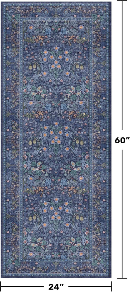Non Slip Dark Blue 2x5 Runner Rug - Washable Small Throw Rugs for Kitchen, Entryway, Bathroom, Bedroom, Laundry Room, Hallway, Dusky Navy Vintage Oriental Décor