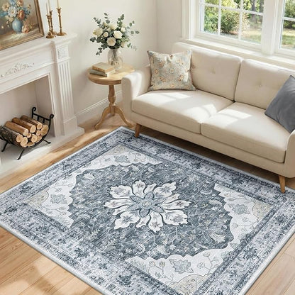 RELEANY Area Rugs 4'x6' Washable Non-Slip, Floral Vintage Distress Print Pattern Medallion Carpet for Living Room Bedroom Dining Room, Light Gray Grey White