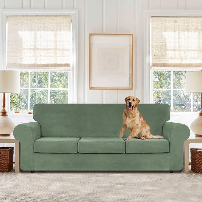 WEERRW 4 Pieces Velvet High Stretch Couch Covers for 3 Cushion Couch Sofa Slipcovers, Washable Furniture Protector with Non Slip Elastic Bottom, Feature Soft Plush Fabric, Greyish Green, Large