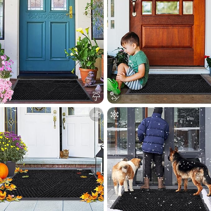 Smiry Front Door Mat Outside Entrance, Heavy Duty Sturdy Natural Rubber Doormat, Trap Dirt and Moisture, Easy Clean Low Profile Welcome Floor Mats for Indoor Outdoor Entry, 59x23 Inch, Black