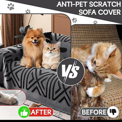 HANDONTIME Boho Couch Cover Blanket Geometric Striped Pet Covers for Couches and Sofas Dark Grey and Black Dog Cover for Couch Pet Friendly Chenille Sectional Sofa Covers for Pets Washable, 71" X118"