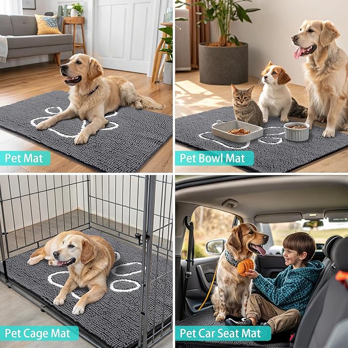 Smiry Dog Door Mat for Muddy Paws, Absorbent Dirt Trapper Non Slip Quick Dry Washable Chenille Mat for Mud Dogs, Entry Rug for Indoor and Outdoor (59x20 Inches, Dark Grey and White)
