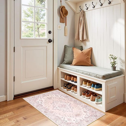 RELEANY Area Rugs 2'x4' Kitchen Rugs Entry Rug Small Rugs for Entryway Kitchen Bathroom Door Mat Indoor Entrance,Washable Non Slip, Pink Greypink Cute