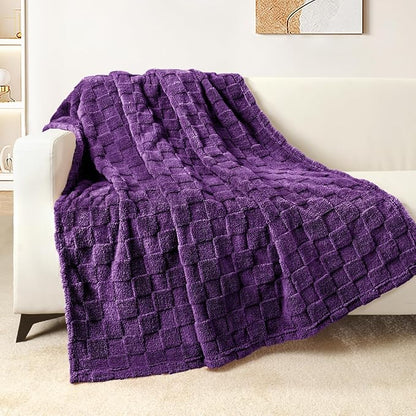 Exclusivo Mezcla Fleece Throw Blanket for Couch,Super Soft and Warm Lightweight Checkered Pattern Blankets for All Seasons,50x60 Inches, Purple