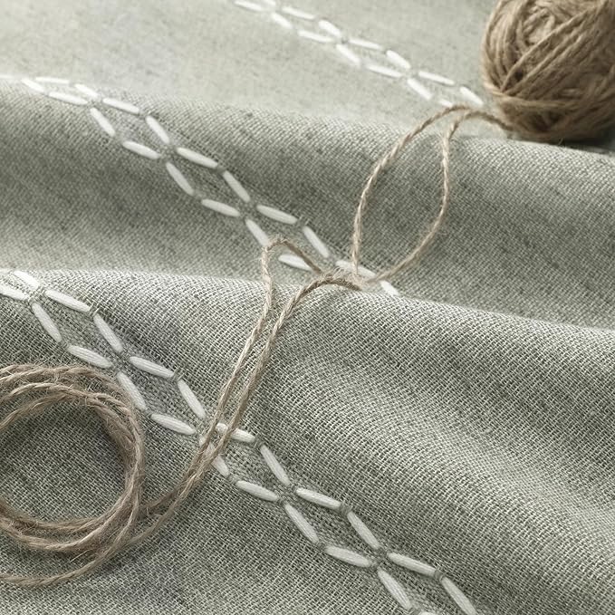 Boho Blackout Curtains 72 Inches Long Sage Green Linen Blend 2 Panels with Tassels and Cotton Embroidery, Farmhouse Vintage Rustic Rod Pocket Drapes for Living Room or Bedroom