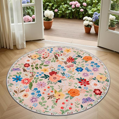 Round Area Rug for Living Room: 4 ft Floral Washable Circle Rug Soft Boho Non-Slip Carpet Indoor Stain Resistant Low Pile Small Circular Rug for Bedroom Entryway Kitchen Nursery Home Office Beige