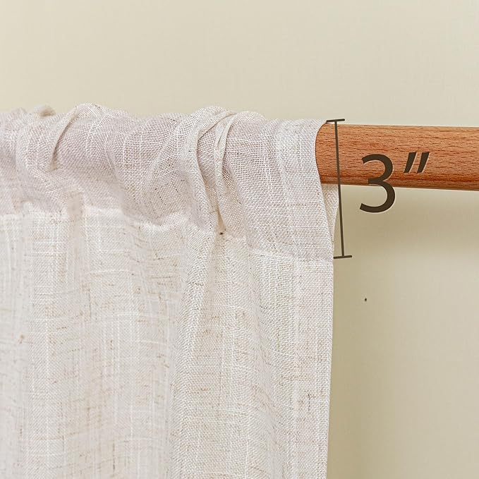 MYSKY HOME Natural Linen Curtains 24 Inch Long for Kitchen, Semi Sheer Light Filtering Window Panels Rod Pocket Valance Neutral Drapes for Small Window/Cafe/Bathroom Basement, 2 Panels, 34 x 24 Inch