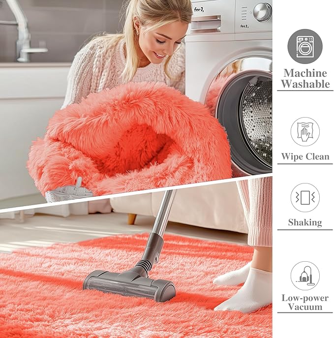OLANLY 5x8 Machine Washable Large Area Rugs for Living Room, Bedroom, Soft Fluffy Shaggy Bedside Rug, Indoor Floor Carpet for Kids Girls and Boys, Dorms, Nursery, Home Decor Aesthetic, Coral Red
