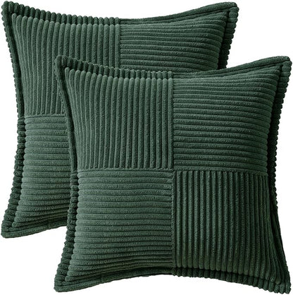 MIULEE Decorative Throw Pillow Covers for Couch Bed Livingroom 20x20 Inch Set of 2 Dark Green Boho Accent Throw Pllows Broadside Striped Patchwork Soft Corduroy Pillowcases