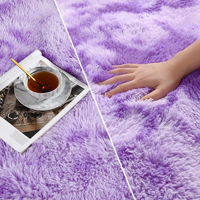 Deerhoo Large Shag Area Rugs 6 x 9, Tie-Dyed Plush Fuzzy Rugs for Living Room, Ultra Soft Fluffy Furry Rug for Bedroom, Indoor Carpet Nursery Rugs for Kids Room Home Decor, Purple