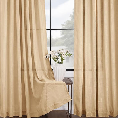 Tan Linen Curtains 96 inches Long for Living Room Back Tab Rustic Farmhouse Semi Sheer Light Filtering Window Curtain Dining Room Soft Thick Flax Linen Textured Drapes Kahki 52x96