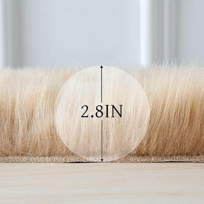 linmopm Faux Fur Rug Sheepskin Shag Fluffy Fuzzy Beige 2x3 ft Small Rugs for Bedroom Bedside Bed Floor Living Room Plush High-Density Cushion Carpet Super Sofa Cover