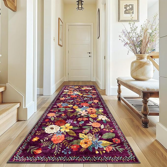 Rug for Hallways Kitchen Rug 3x7, Non Slip Washable Rugs with Rubber Backing Soft Floral Carpet Runner for Hallways, Kitchen, Laundry, Bedroom, Bathroom(3 x 7, Purple)