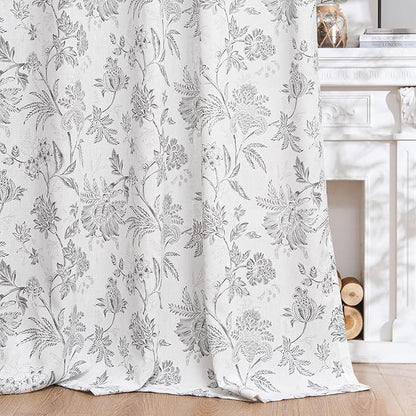 jinchan Linen Floral Curtains for Living Room, 84 Inch Length Curtains with Printed Flower Light Filtering Curtain, Rod Pocket Back Tab Gray Window Curtain Set, 2 Panels Light Grey on White