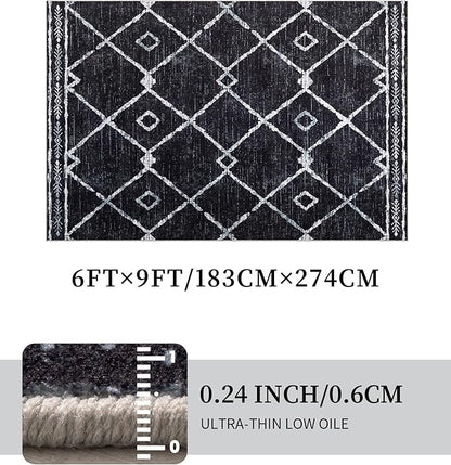 YIHOUSE Moroccan Rugs for Living Room, 6x9 Black and White Aztec Area Rug, Western Geometric Soft Low-Pile Washable Rugs for Bedroom, Dining Room